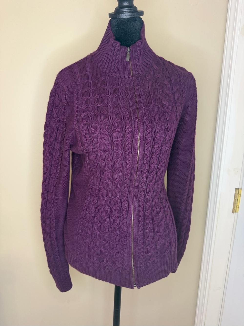 LL Bean Womens S Purple Heavyweight Cable Knit Zip Up Sweater Mock Neck Cotton